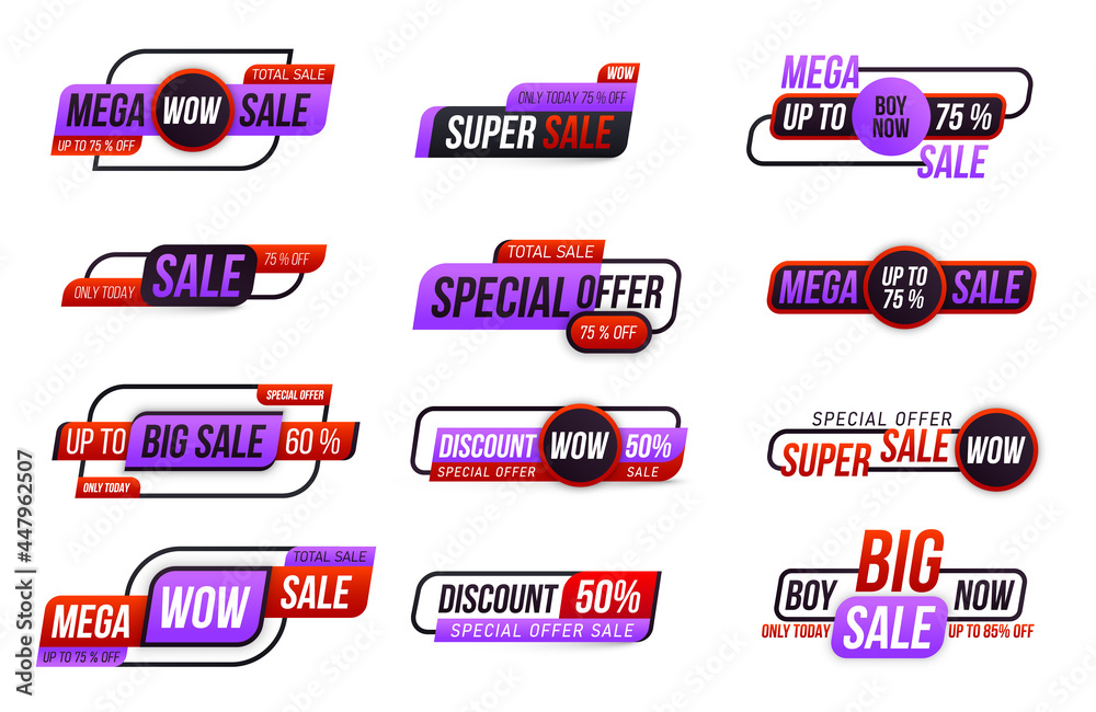 Sticker, badge, coupon store, sale tag, banner.