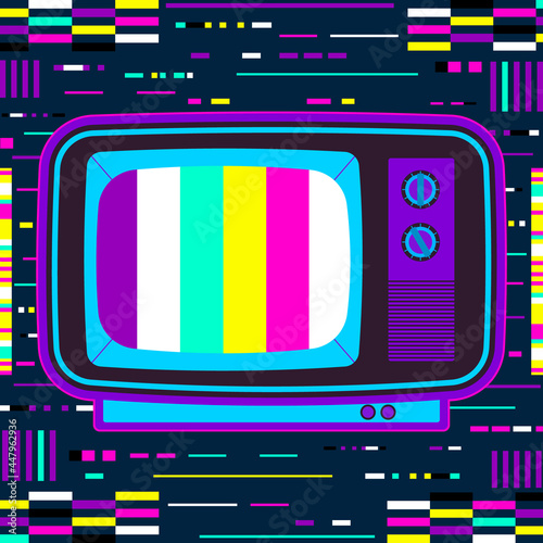 Fototapeta Naklejka Na Ścianę i Meble -  Retro tv with glitch effect. Neon color abstract background vector illustration
