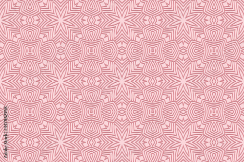 Geometric volumetric convex 3D pattern for wallpaper, websites, textiles. Embossed figured background in traditional oriental style. Pink velvet floral texture with ethnic ornament.