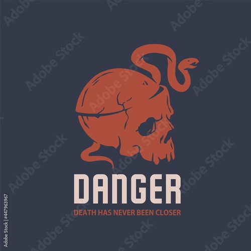 Skull with snake for skeleton print. Halloween undead and walking dead. Fear, horror and spooky zombie for design dark party of happy halloween