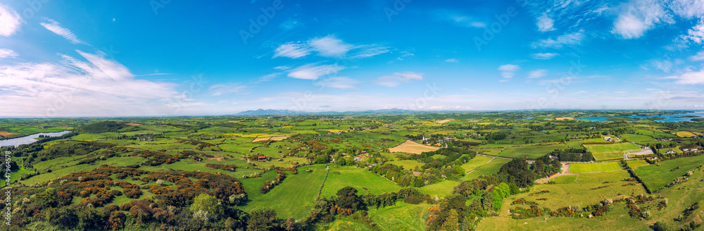 Aerial Panoramic view of summer sunny Downpatrick countryside ,Northern Irela