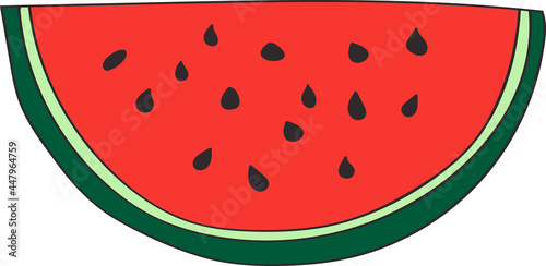 Vector illustration of a single red watermelon slice with outline. Graphic doodle style placed art.