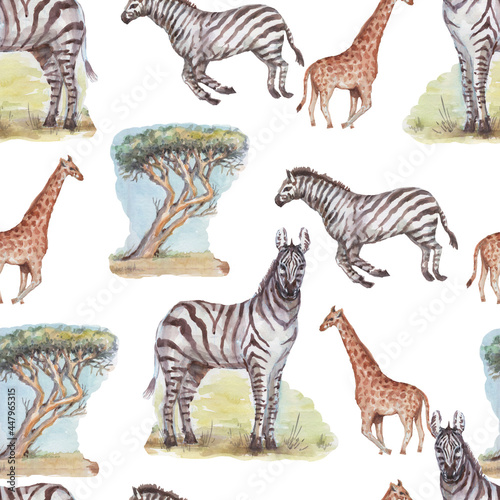 savannah africa zebra giraffe safari animals watercolor hand drawn illustration. © Paint_art