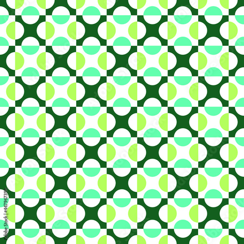Seamless pattern. Geometric style, diagonal, squares and circles. Blue and green. Cheerful, tropical, abstract, beachy, fun and colorful. Graphic design. Backdrop, vector, decorative.