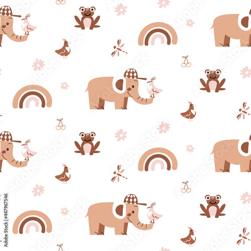 Fototapeta Naklejka Na Ścianę i Meble -  Cute baby elephant with frog vector seamless pattern. Beige nursery decor animal print.