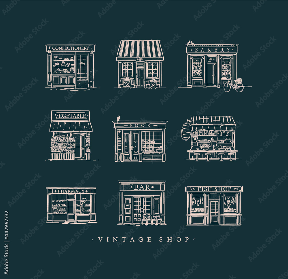 Set of cafe and shops confectionery, coffee, bakery, vegetable, book, Asian food, pharmacy, bar, fish drawing in vintage style on dark blue background