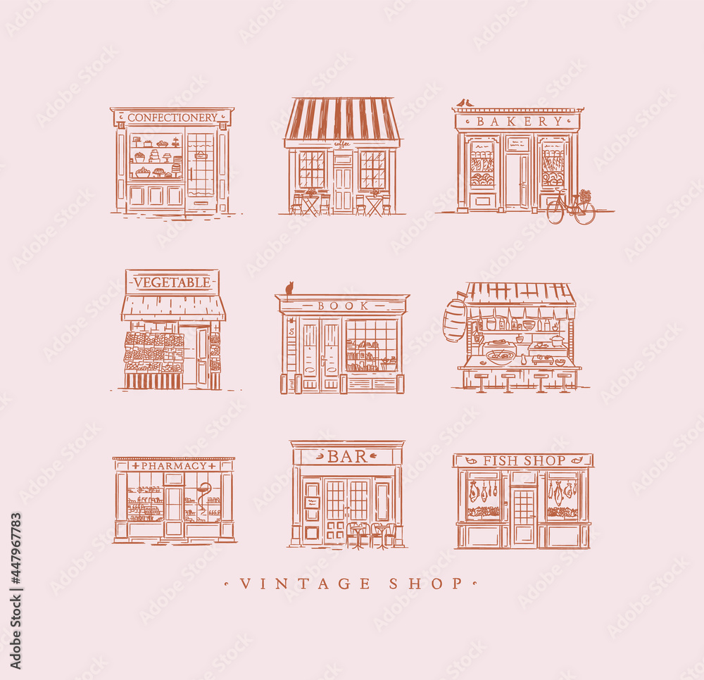 Set of cafe and shops confectionery, coffee, bakery, vegetable, book, Asian food, pharmacy, bar, fish drawing in vintage style on peach background