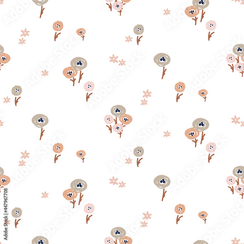 Pale vector seamless vintage floral pattern. Rustic flowers white background.