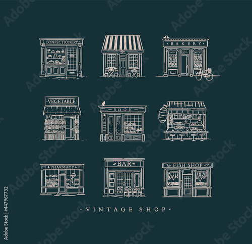 Obraz na płótnie Set of cafe and shops confectionery, coffee, bakery, vegetable, book, Asian food, pharmacy, bar, fish drawing in vintage style on dark blue background w salonie
