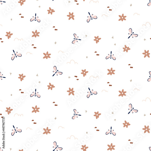 Pale vector seamless vintage floral butterfly pattern. Rustic flowers white background.
