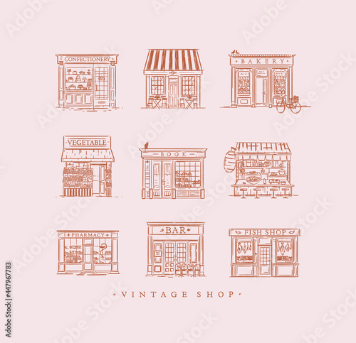 Obraz na płótnie Set of cafe and shops confectionery, coffee, bakery, vegetable, book, Asian food, pharmacy, bar, fish drawing in vintage style on peach background w salonie