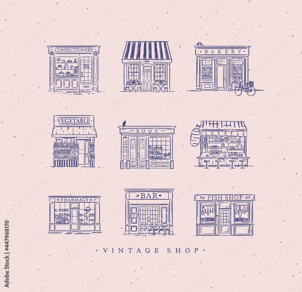 Set of cafe and shops confectionery, coffee, bakery, vegetable, book, Asian food, pharmacy, bar, fish drawing in vintage style with blue lines