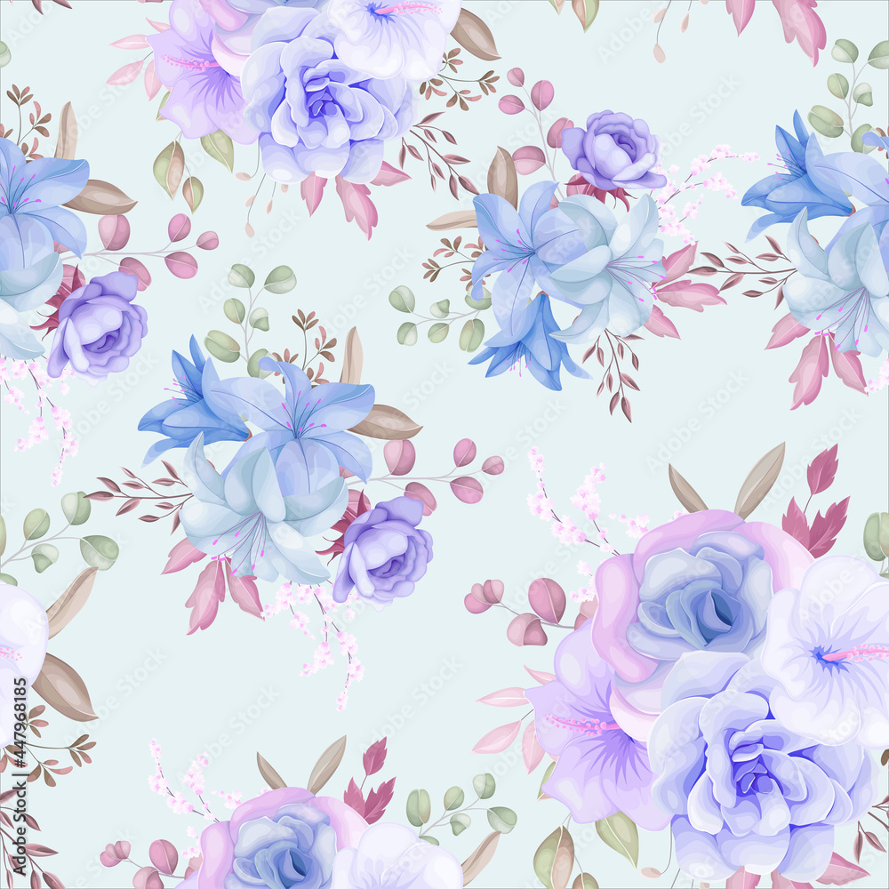 Beautiful purple and blue floral and leaves seamless pattern design