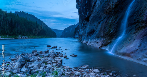 Landscapes of Siberia. Evening landscape at sunset. Mountains  forest  river and water at long exposure. Kemerovo region. Russia