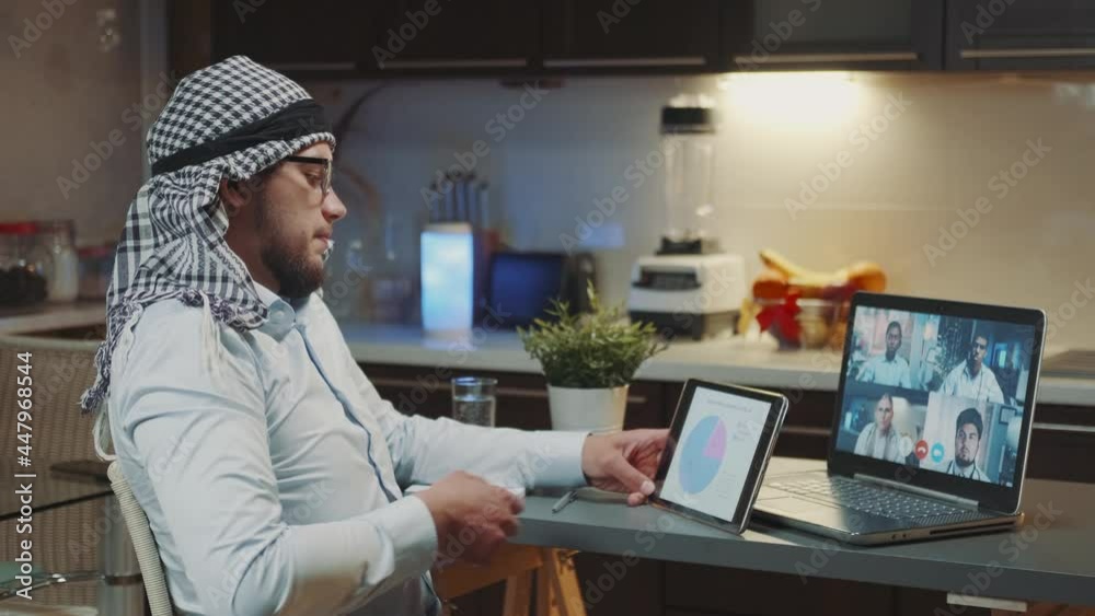 Arab man with kandora having online meeting with colleagues on computer while using tablet with important information. He working from home in the evening. Arab man with kandora having online meeting with colleagues on computer while using tablet with important information. He working from home in the evening.