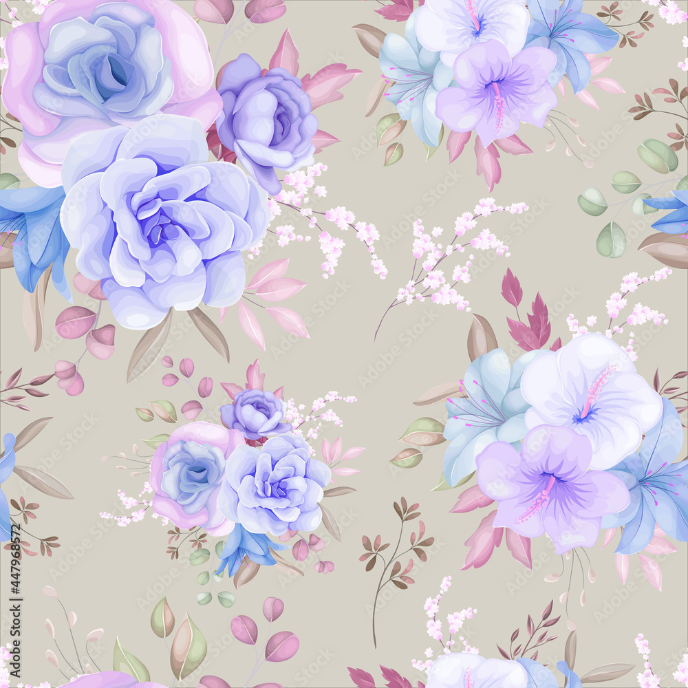 Beautiful purple and blue floral and leaves seamless pattern design