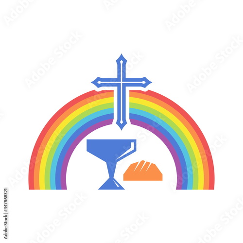 Biblical illustration. Jesus cross, symbols of the sacrament and rainbow of the covenant.