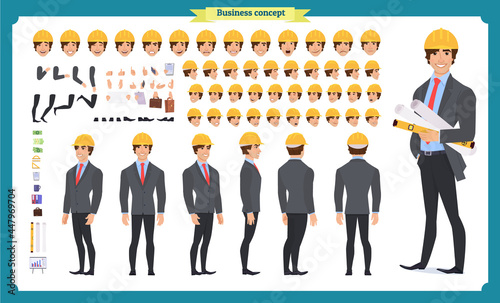 Male architect in business suit and protective helmet. Character creation set. Full length, different views, emotions and gestures. Build your own design. Cartoon flat-style infographic illustration