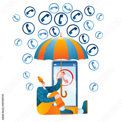 A girl with an umbrella protects her mobile phone from spam calls. The concept of a vector illustration on the topic of protection against phone fraud and spam calls.