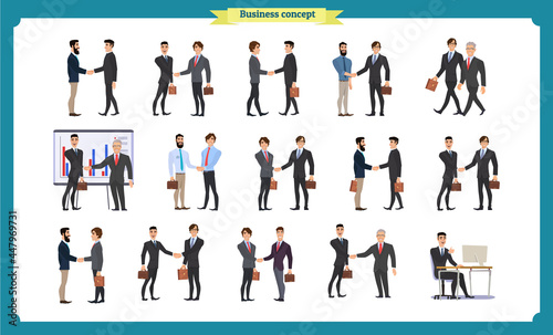 Man s handshake. Business people teamwork  set of Businessmen in different poses  standing  arms crossed  handshaking  cartoon flat-style vector illustration isolated. handshake of two businessmen.