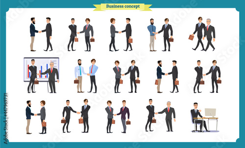 Man's handshake. Business people teamwork, set of Businessmen in different poses, standing, arms crossed, handshaking, cartoon flat-style vector illustration isolated. handshake of two businessmen.