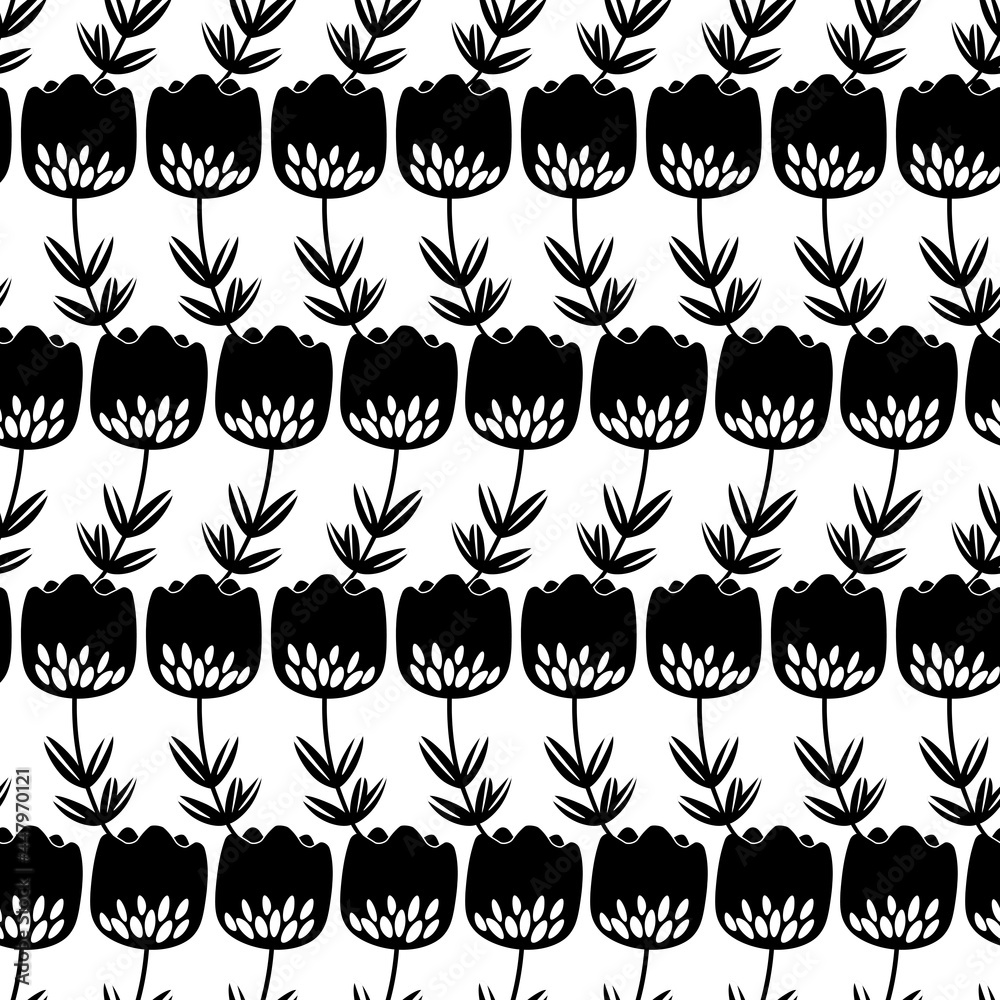Fototapeta premium Seamless floral pattern based on traditional folk art ornaments. Black flowers on white background. Scandinavian style. Sweden nordic style. Vector illustration for fabric, textile, wallpaper.
