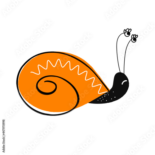Funny disgruntled snail in cartoon style. Funny slug with an orange shell.