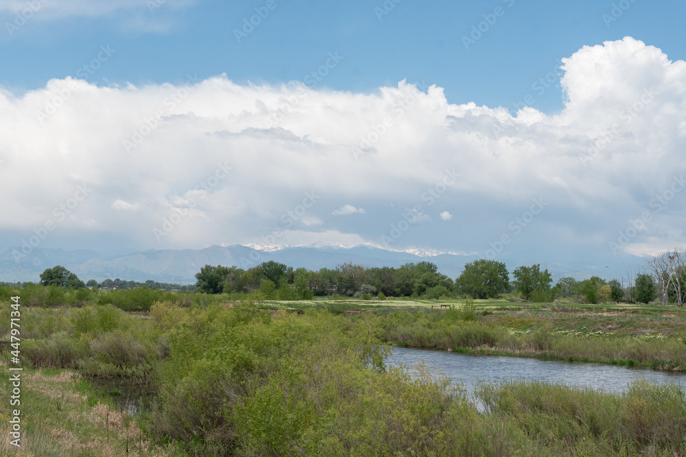 Stream in the Countryside with Rocky Mountains in the Distance