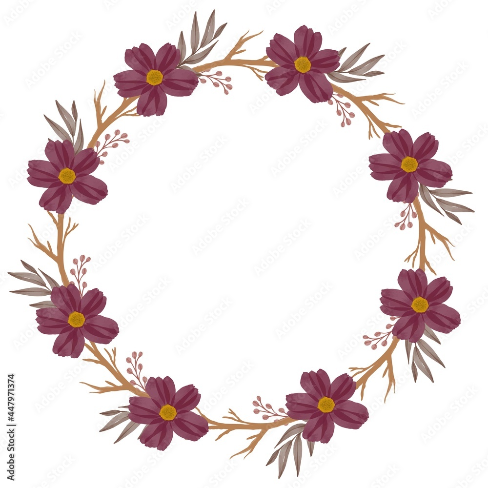 red wreath, circle frame with red flower and brown branch for wedding invitation