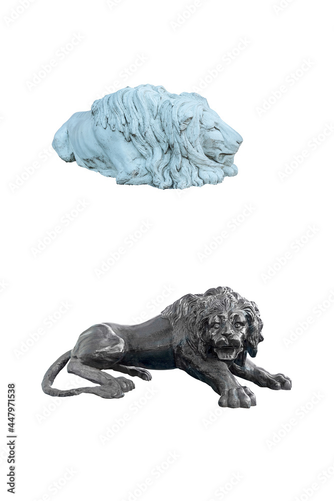 Obraz premium bronze and concrete sculptures of formidable lions. The concept of strength, power. Isolated on white background