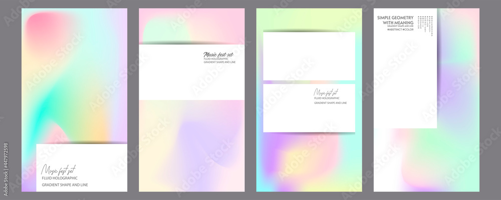 Fototapeta premium Gradient mesh cover set of backgrounds texture foil pearl shades. Abstract stylish gradient with holographic foil. 90s, 80s retro style