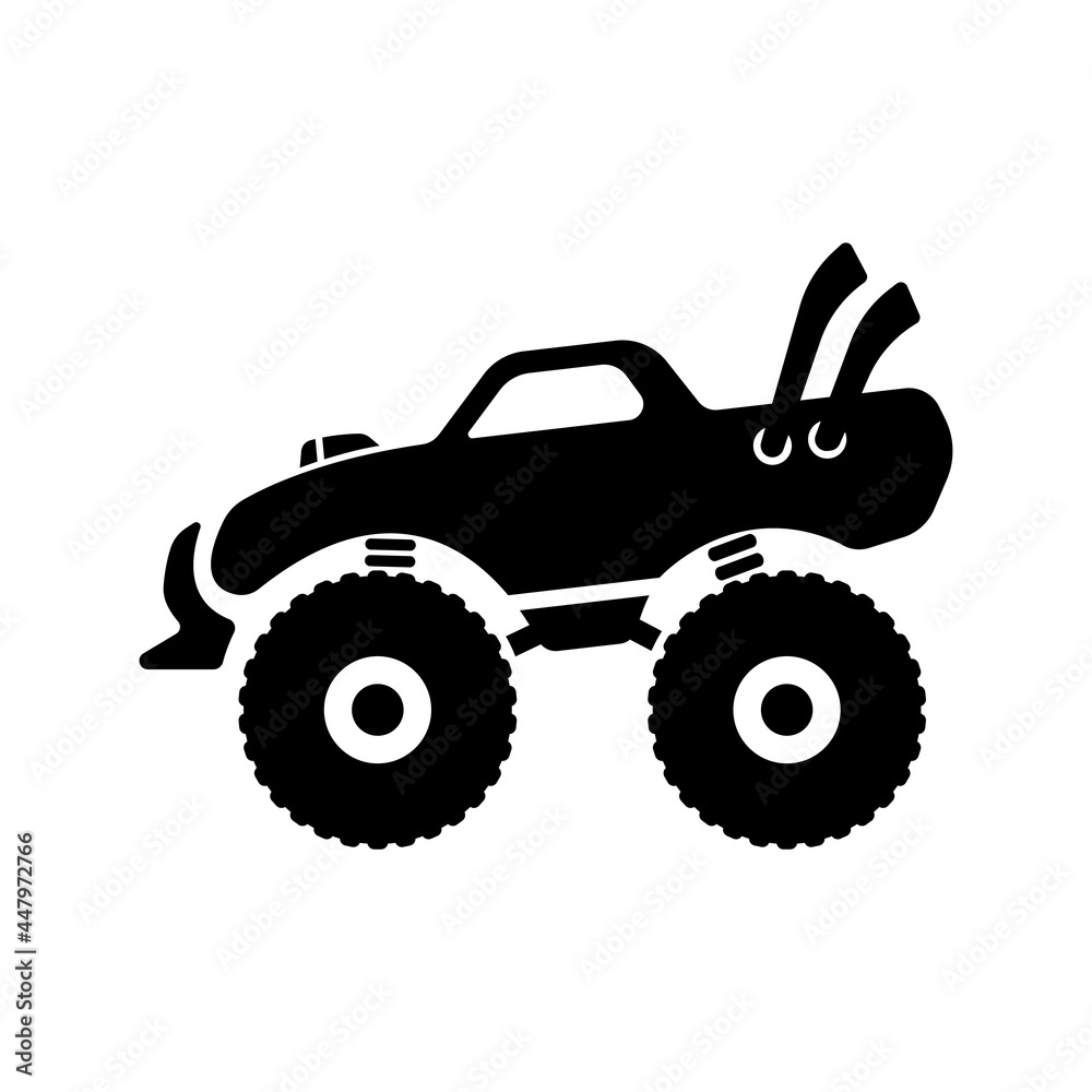 Monster truck icon. Bigfoot. Black silhouette. Side view. Vector simple flat graphic illustration. The isolated object on a white background. Isolate.