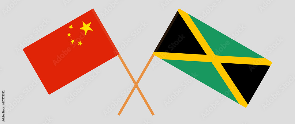 Crossed flags of China and Jamaica. Official colors. Correct proportion Crossed flags of China and Jamaica. Official colors. Correct proportion