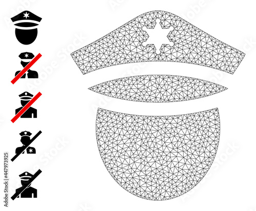 Mesh polygonal police head icon with simple carcass created from police head vector graphics. Frame mesh polygonal police head. Wire carcass 2D network in eps10 vector format.