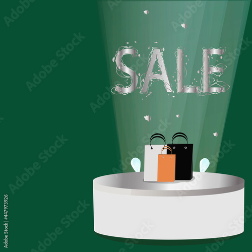 Big sale design template with text in silver color with illumination on the podium shopping bags. Vector illustration for stores, services