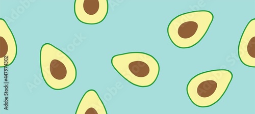 seamless pattern of avocado, green fruits isolated on a delicate turquoise background, template for banner, wallpaper, fabric, postcards