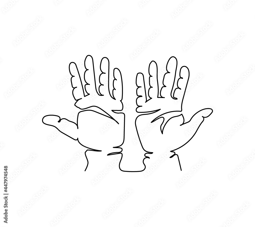 Open palms gesture one line art. Continuous line drawing of gesture, hand, open palms, hands up. Open palms gesture one line art. Continuous line drawing of gesture, hand, open palms, hands up.
