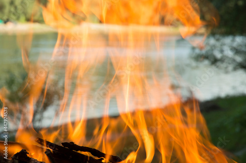 close-up: fireplace grill with burning fire photo