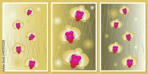 golden magenta orchid flowers wall art vector set, for wall art, poster, wallpaper, print
