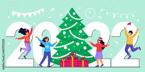 Happy people celebrating merry Christmas and happy new year dancing at christmas party flat vector illustration Office Business People Team Santa Hat