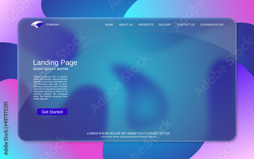 Website landing page vector template. Abstract colorful background for webpage and application with glassmorphism effect