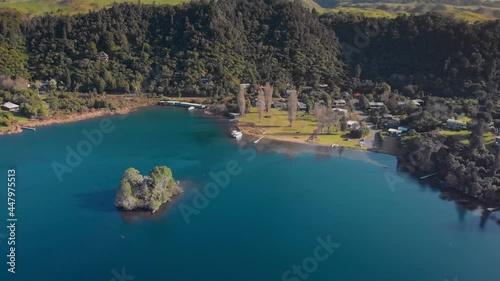 Aerial: Beautiful scenery of lake Tarawera, Rotorua, New Zealand photo