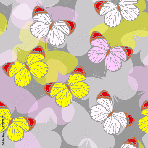 butterflies on gray background  seamless vector pattern 