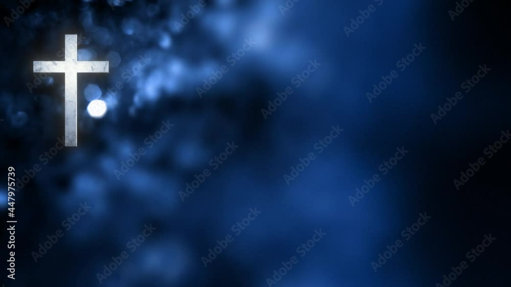 Christian Cross on Horizontal blue bokeh glint banner background loop copy space. 3D animation for social media online worship live stream church prayer on Feast of Mary, and the Immaculate Conception