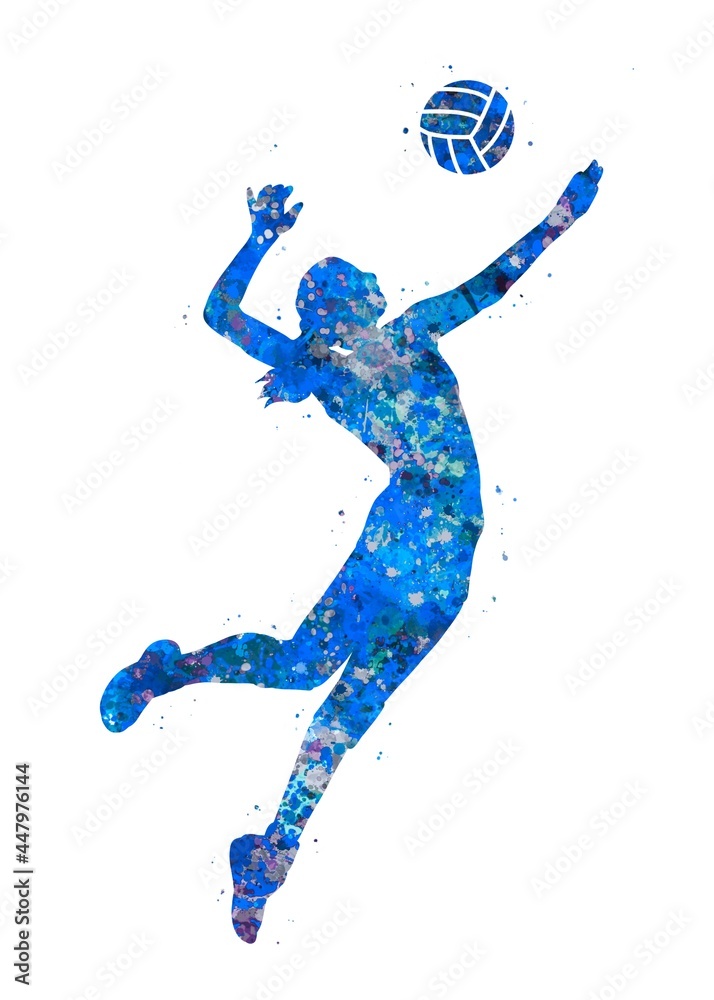 Volleyball Player Girl blue watercolor art, abstract sport painting ...