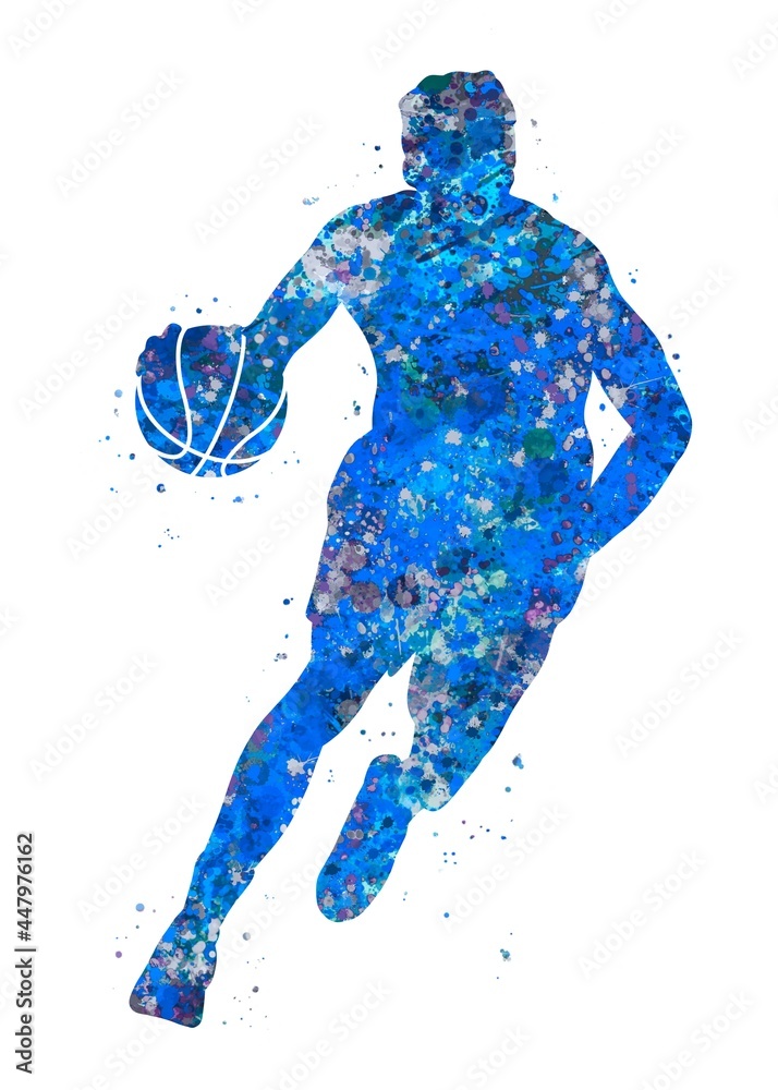Fototapeta premium Basketball player blue watercolor art, abstract sport painting. blue sport art print, watercolor illustration artistic, decoration wall art.