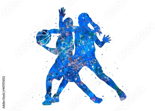 Basketball player girl dribble blue watercolor art, abstract sport painting. blue sport art print, watercolor illustration artistic, decoration wall art. © Yahya Art