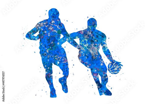 Basketball player dribble blue watercolor art, abstract sport painting. blue sport art print, watercolor illustration artistic, decoration wall art.