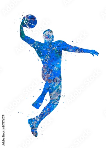 Basketball player slam dunk  blue watercolor art, abstract sport painting. blue sport art print, watercolor illustration artistic, decoration wall art.