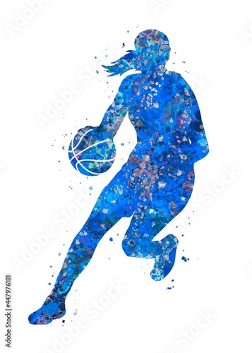 Basketball player girl blue watercolor art, abstract sport painting. blue sport art print, watercolor illustration artistic, decoration wall art. © Yahya Art